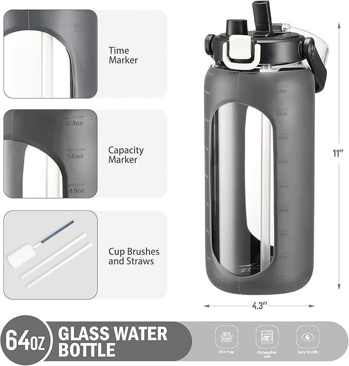 BLUEGO 64oz Glass Water Bottles with Straw Time Marker Half Gallon Large Motivational Water Bottle with Silicone Sleeve 2 Liter Large Glass Water Jug for Gym, Sports& Workout, Daily, Dark Grey