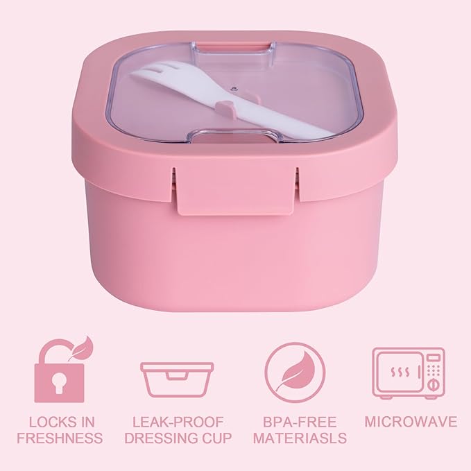 All-in-One Bento Box Container - Large 61-oz Adult Lunch Box with Bag, 4-Compartment Bento-Style Tray, 3-oz Sauce Container, and Reusable Fork - Dishwasher, Microwave (Pink)