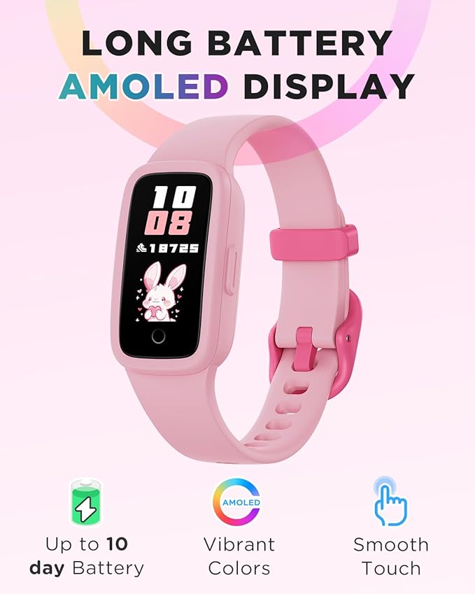 BIGGERFIVE Vigor 3 Kids Fitness Tracker Watch, AMOLED Screen, No App No Phone Needed, 3ATM Waterproof, Heart Rate and Sleep Monitor, Pedometer Watch, Sports Step Counter for Girls Ages 5-15, Pink