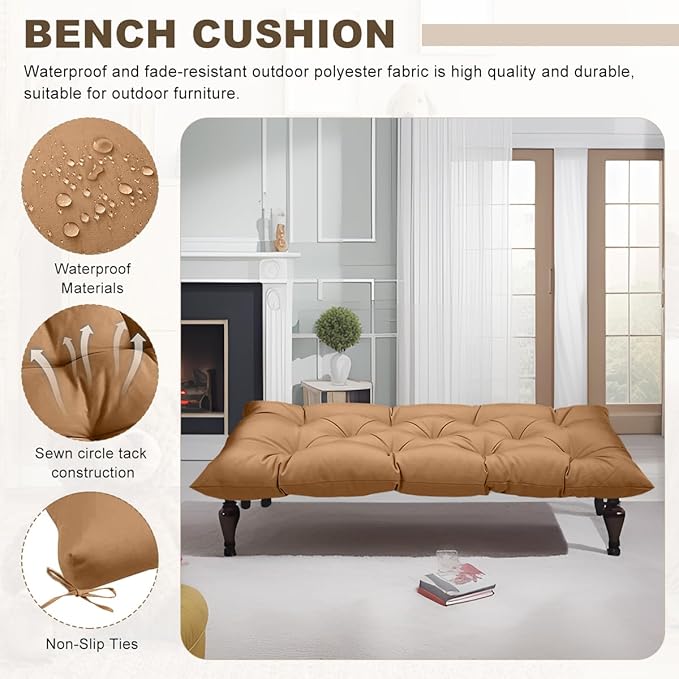 Outdoor Bench Cushion 40inches Waterproof & Fade Resistant Patio Furniture Cushions Tufted Fresh Porch Swing Lounger Loveseat Pads with Straps(Khaki-40x20in)