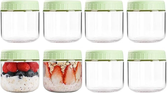 Overnight Oats Containers with Lids, 10oz Glass Jars with Lids 8 pcs, Light Green, Wide Mouth Mason jars for Salad, Yogurt, Snacks, Meal Prep