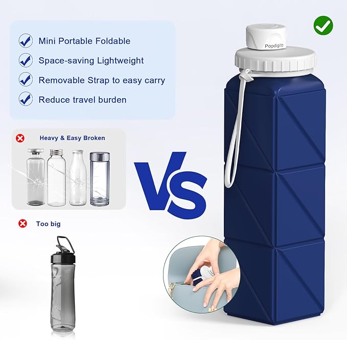 Collapsible Water Bottles 20.6oz Silicone Foldable Leakproof BPA Free Reusable Lightweight Portable Sport Water Bottles For Travel Camping Hiking Outdoor Indoor Detachable for Dishwasher