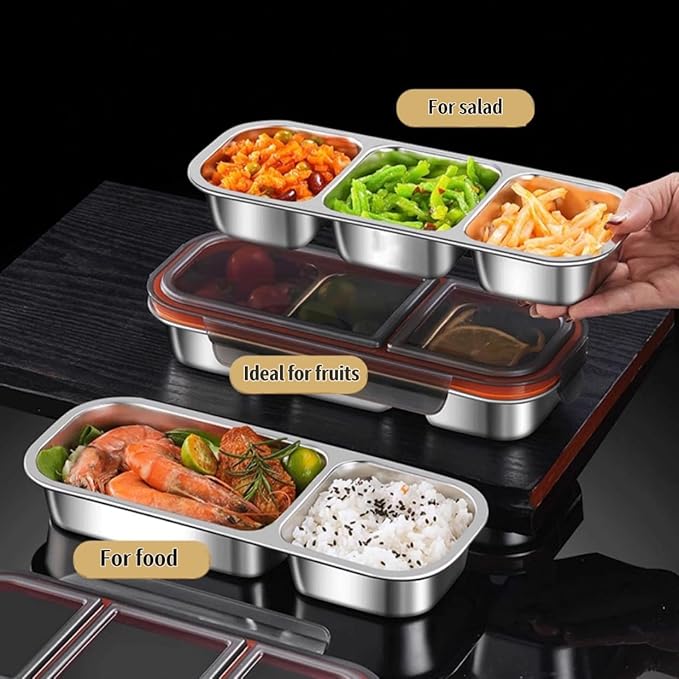 2 Piece Stainless Steel Snack Containers with Lids, Reusable 3 Compartment Snack Containers, Divided Food Storage Containers Box Sauce Cups for School, Travel, Home (3 Compartment-black)