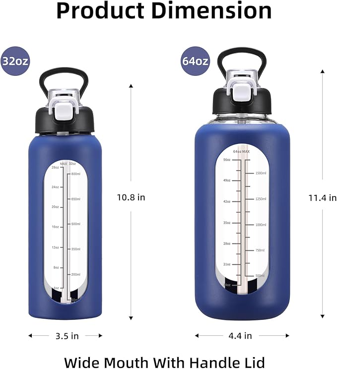 64 oz Glass Water Bolttles with Straw Half Gallon Large Motivational Water Bottle with Time Marker Sports Water Bottles with Silicone Sleeve and Handle Lid Water Jug for Gym Workout