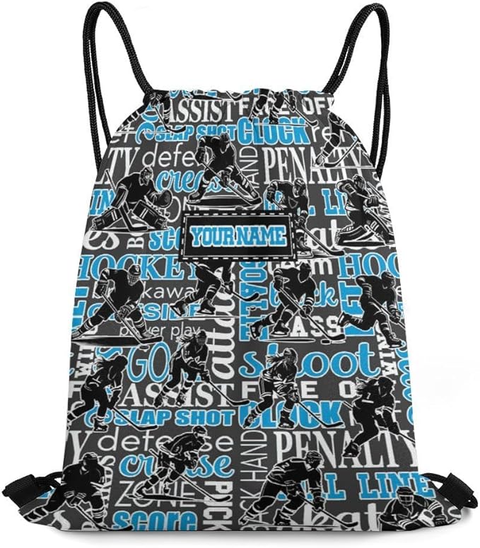 Custom Hockey Drawstring Backpack - Cool Cinch Sack, String Backpacks for Kids Women Men Boys Girls for Gym Outdoor Sports Travel Athletic Drawstring Bag - Lightweight/Foldable