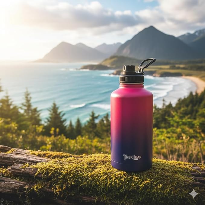 Travel Water Bottle with Carrying Bag, 3 Lids (Spout, Straw, Handle), and Bottle Brush; Leak Proof, Quality, Vacuum Insulated, Stainless Steel (Mixed Berry, 64 oz)