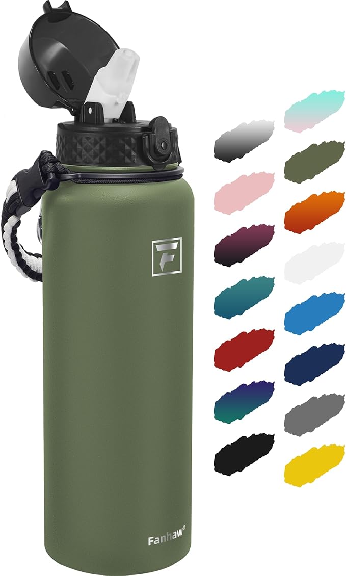 Fanhaw 40 Oz Stainless Steel Insulated Sports Water Bottles with Straw for Kids, Men and Women (Olive Green)