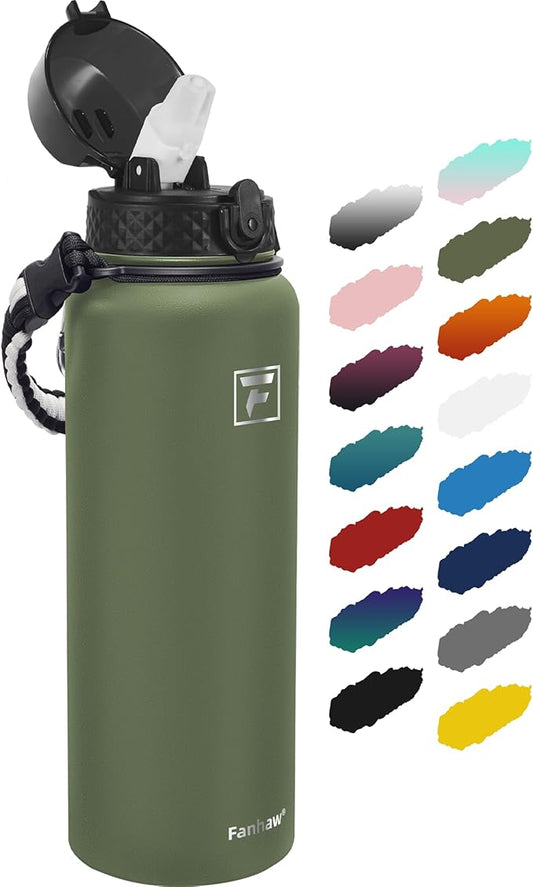 Fanhaw 40 Oz Stainless Steel Insulated Sports Water Bottles with Straw for Kids, Men and Women (Olive Green)