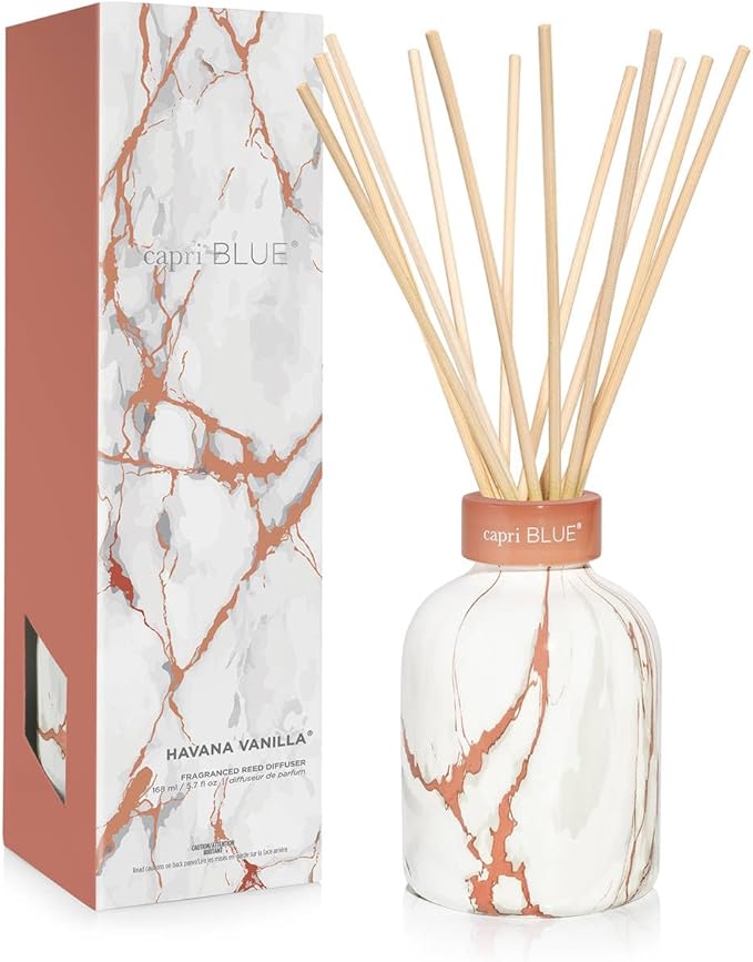 Capri Blue Modern Marble Reed Diffuser Set - Includes Reed Diffuser Sticks, Scented Oil & Glass Bottle - Luxury Scents for Bedroom Decor & Bathroom Air Freshener - Havana Vanilla (5.7 fl oz)