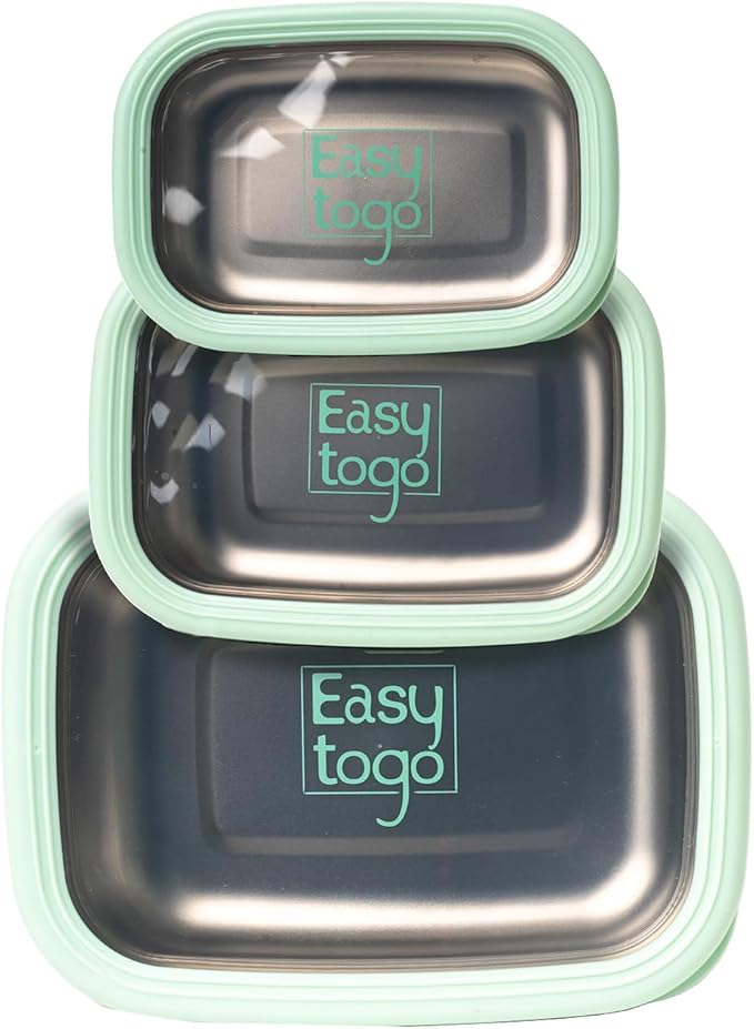 3 Pack Stainless Steel Food Containers with Silicon Lid & Non-Slip Exterior, LeakProof, Airtight Rectangular Portion Control Storage Lunch Box, Togo Lunch Containers for Adults - Green
