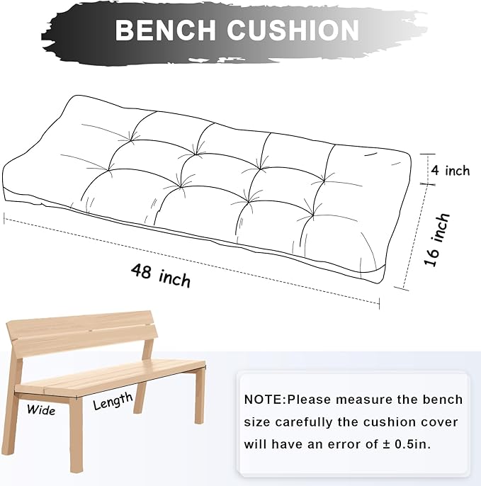 Bench Cushion 48 Inch - Chenille, High-Density Memory Foam, Non-Slip Bottom, Soft Durable Indoor Tufted Long Seat Cushion for Window Garden Furniture (Black, 48x16x4 Inch)