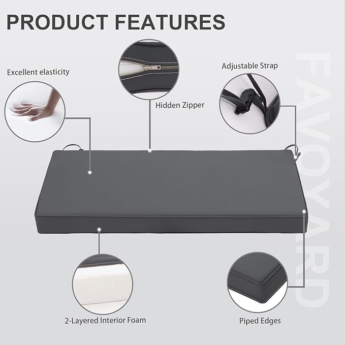Favoyard Outdoor Bench Cushion 59 x 18 Inch Waterproof Patio Furniture Cushions 3-Year Color Fastness Garden Sofa Settee Couch Swing Pads with Handle and Adjustable Straps, Dark Gray