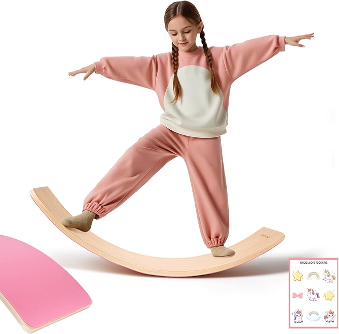 Balance Board Kids, 35 Inch Natural Wooden Wobble Balancing Board for Open Ended Learning, Toddler Rocker Board with Non Slip Felt Yoga Curvy Board for Adult Boys Girls M.ontessori-Inspired