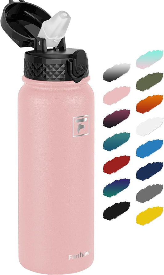 Fanhaw 20 Oz Stainless Steel Insulated Sports Water Bottles with Straw for Kids, Men and Women (Pink)