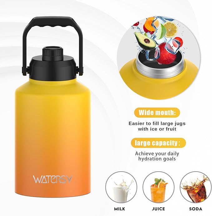Half Gallon Water Bottle Insulated(Cold for 48 Hrs),BPA Free&Leak Proof,64oz Stainless Steel Water Jug/Flask,Big thermo,Large Water Bottle with Handle for Gym,Hiking,Camping,Gradual Yellow