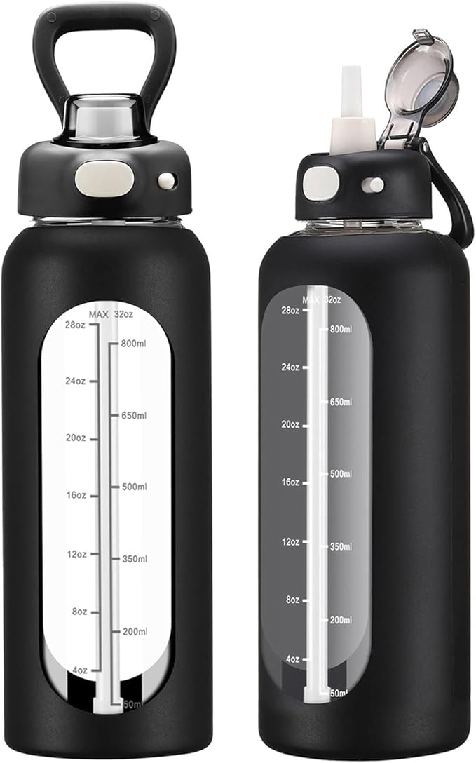 SIEROZUR 32 Glass Water Bottle with Straw and Handle Motivational Water Bottles with Silicone Sleeve and Time Marker Leakproof Borosilicate Water Bottle for Gym Home Office