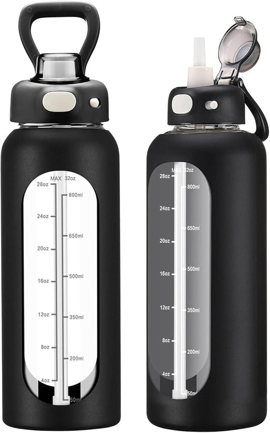 SIEROZUR 32 Glass Water Bottle with Straw and Handle Motivational Water Bottles with Silicone Sleeve and Time Marker Leakproof Borosilicate Water Bottle for Gym Home Office