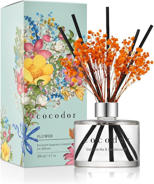 COCODOR Flower Reed Diffuser Set / 6.7oz / Dark Vanilla&Sandalwood/Scent Diffuser with Sticks Home Fragrance Reed Diffuser for Bathroom Shelf Decor