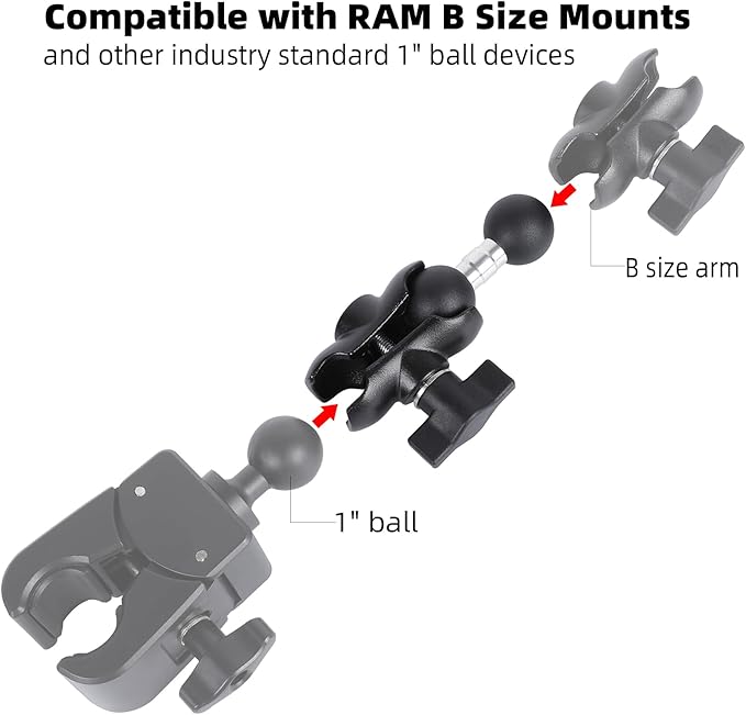 Double Socket Arm with 1" Double Ball Adapter Compatible with RAM B Size Mounts, 360° Rotation Extension Rod for Phone Holder, Tablet Mount, for Bike, Motorcycle, Truck (4.13" Short Adapter)