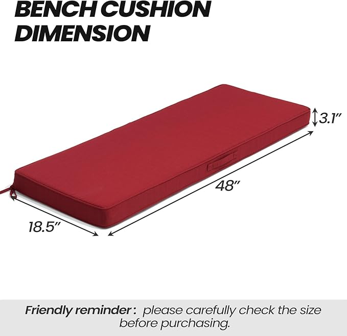 Crestlive Products Outdoor Bench Cushion 48 x 18 Inch, Waterproof Patio Bench Cushions for Outdoor Furniture, Porch Swing Replacement Pad with 30D Foam, Adjustable Straps and Portable Handle, Chili