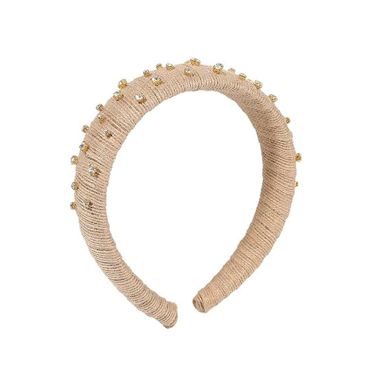 Madison Tyler Headbands for Women | Fashion Boho Headbands Top Knotted With Rhinestones Elastic Workout Hairbands | Outdoor and Party Headbands for Women Non Slip (linen color with rhinestones)