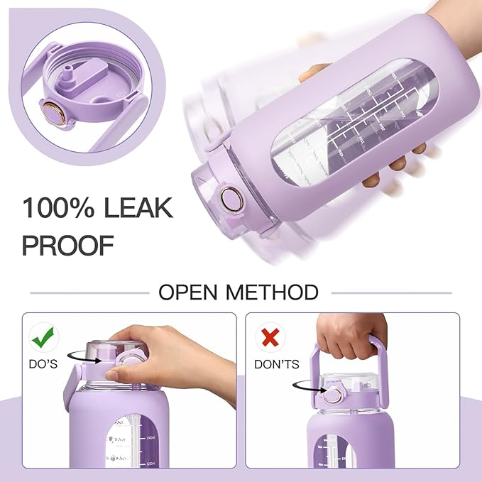 42oz/52oz/64oz Glass Water Bolttles with Straw Half Gallon Large Motivational Water Bottle with Time Marker Sports Water Bottles with Silicone Sleeve and Handle Lid Water Jug for Gym Workout