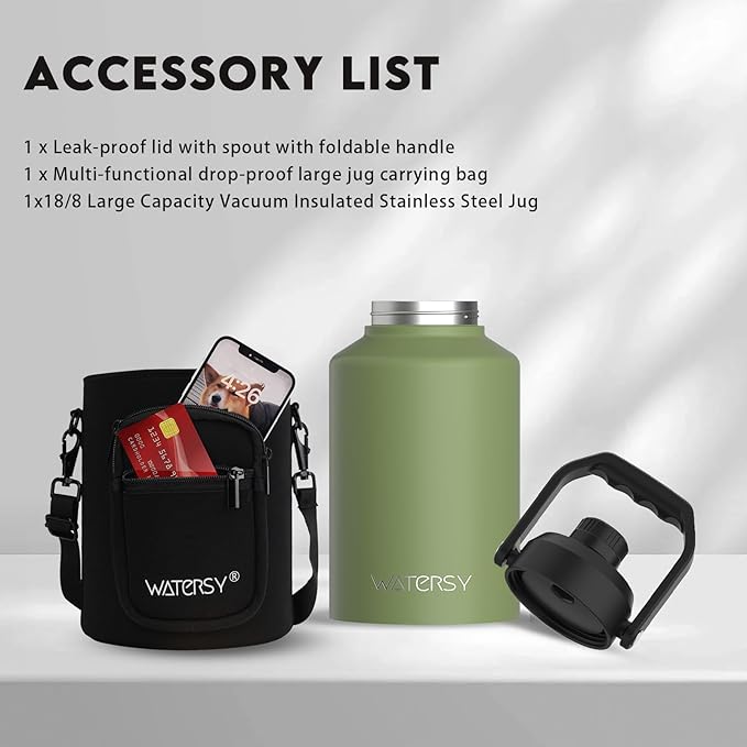 Half Gallon Water Bottle Insulated(Cold for 48 Hrs),BPA Free&Leak Proof,64oz Stainless Steel Water Jug/Flask,Big thermo,Large Water Bottle with Handle for Gym,Hiking,Camping,Olive Green