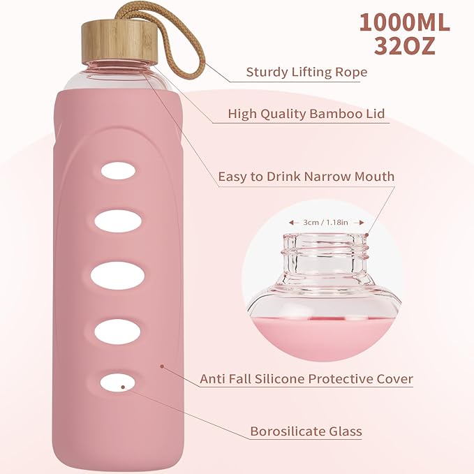 Sport 32oz Glass Water Bottle 1000ml /1 liter Borosilicate Glass Water Bottle Reusable Waterbottle Jugwith Silicone Sleeve and Unique Lid (Pink