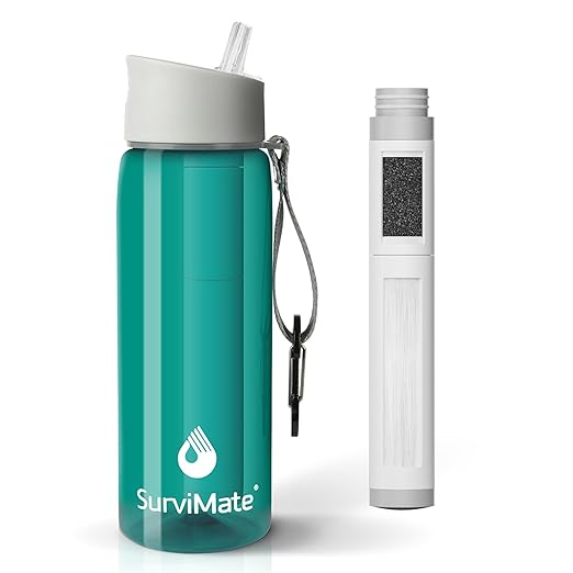 SurviMate 5-Stage 0.01μm Ultra-Filtration Filtered Water Bottle, BPA-Free Material, NSF/ANSI 42&372 Certified, Portable Water Filter Bottle for Survival, Camping, Hiking, and Emergency Use