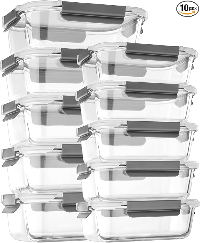 [10 pack Glass Meal Prep Containers with Lids, Glass Food Storage Containers with Snap Locking Lids for Food, Bpa-free, Easy to Open& Close/Microwave,Oven,Freezer,Dishwasher Safe/Leak-Proof