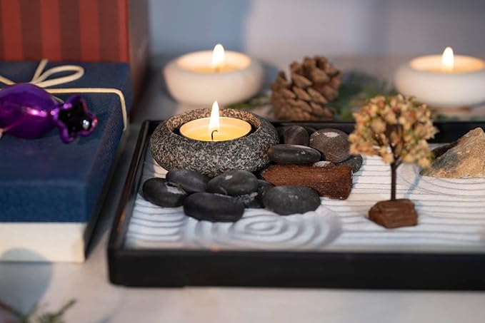 Handmade Zen Garden Pebble Tealight Candle Holder Set Quiet Spring with Free Zen Garden Tools, Sand, Base Tray and Accessories