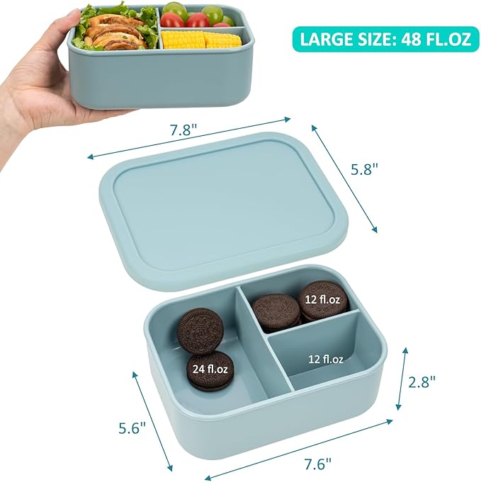 100% Silicone Bento Box Adult with 3 Compartments, 48oz, Reusable Divided Lunch Box Meal Prep Containers for Entree and Side Food Snack Storage, BPA-Free Plastic-Free, Microwave Dishwasher safe, Green