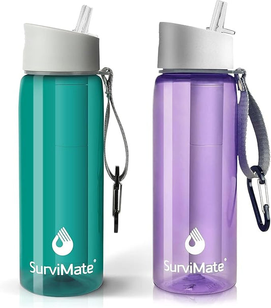 SurviMate Purified Water Bottle for Camping, Hiking, Backpacking and Travel, BPA Free with 5-Stage Intergrated Filter Straw
