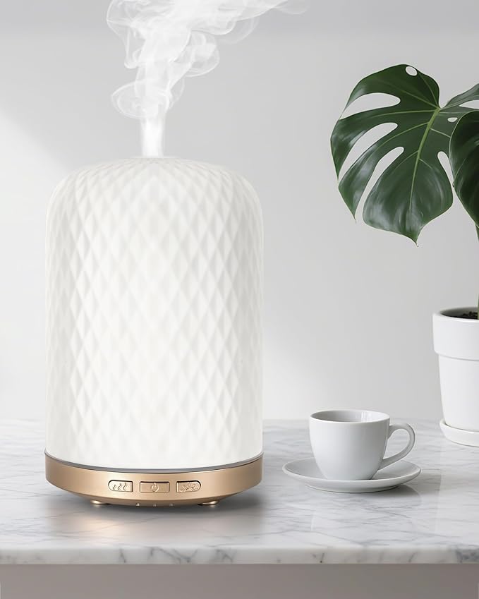 Essential Oil Diffuser,120ML 2.4MHz Ultrasonic Aromatherapy Diffusers for Essential Oils Large Room, Ceramic Diffusers Decorative Aroma Diffuser, Ideal Air Diffusers for Home, Room Decor, Yoga, White