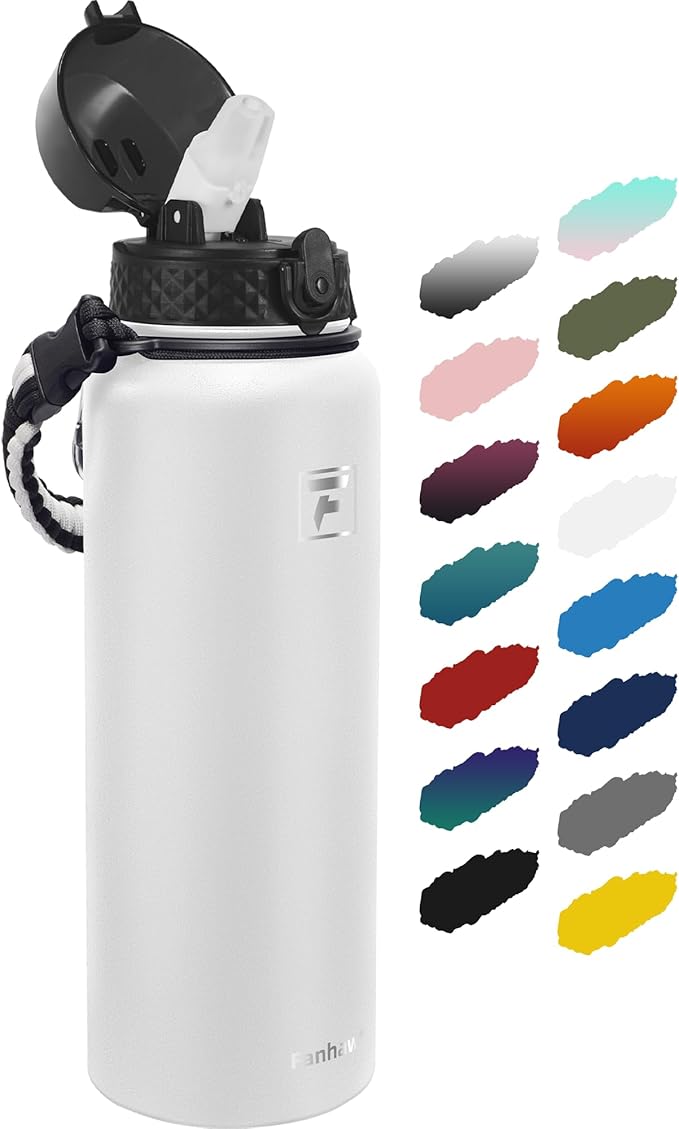 Fanhaw 40 Oz Stainless Steel Insulated Sports Water Bottles with Straw for Kids, Men and Women (White)