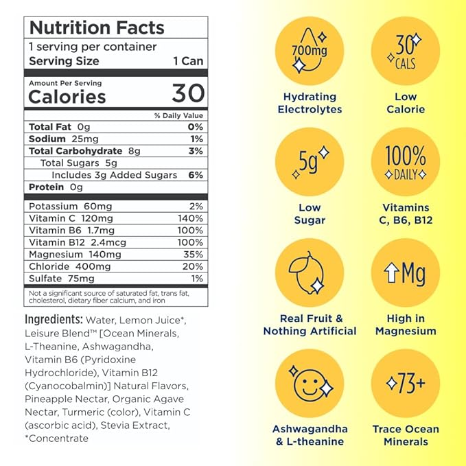 Leisure Hydration Non-Carbonated Electrolyte Refresher, Lemonade Flavor - Low Sugar Nutrient Enhanced Water Beverage - Get The Best Hydration Packed w/ Magnesium & Ashwagandha For Mood & Stress Support, Non-GMO, 16 oz (12-Cans)