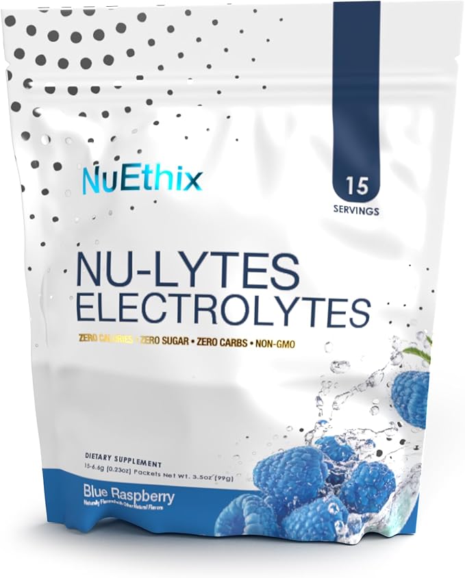 NuEthix Formulations NU-LYTES Electrolytes Hydration Packets, Zero Calories, Zero Sugar, Zero Carbs, Non-GMO, Electrolytes Powder Packets, Glycogen Replenishment, 15 Servings (Blue Raspberry)