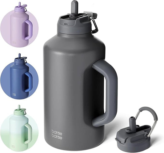 BOTTLE BOTTLE Insulated Water Bottle 64 oz with Straw and Dual-use Lid Stainless Steel Water Bottle for Men with Handle Vacuum Insulated Beer Growler for Workout Sports Soccer gray