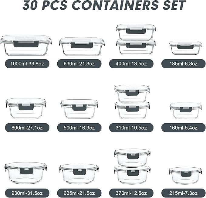 VERONES 30 Pieces Glass Meal Prep Containers Set, Stackable Glass Food Storage Containers with Lids-Airtight Glass Lunch Containers，for Microwave, Oven, Freezer & Dishwasher,Grey