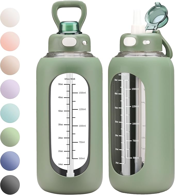 SIEROZUR 42 oz Glass Water Bottle with Straw and Handle, Large Sports Motivational Water Bottle Flask with Time Marker Leakproof Water Jug with Silicone Sleeve for Gym