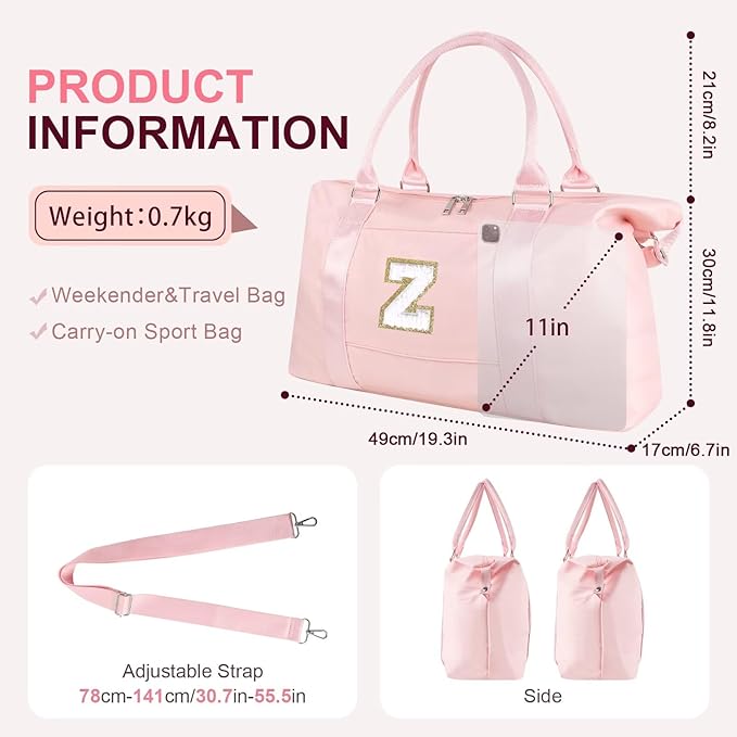 Dance Gym Duffel Bag for Teen Girls, Personalized Initial Travel Weekender Bag,Cute Overnight Carry On Duffle for Women,Sports Travel Cheer Bag,Monogram Christmas Gifts for Tween Preppy(pink-Z)