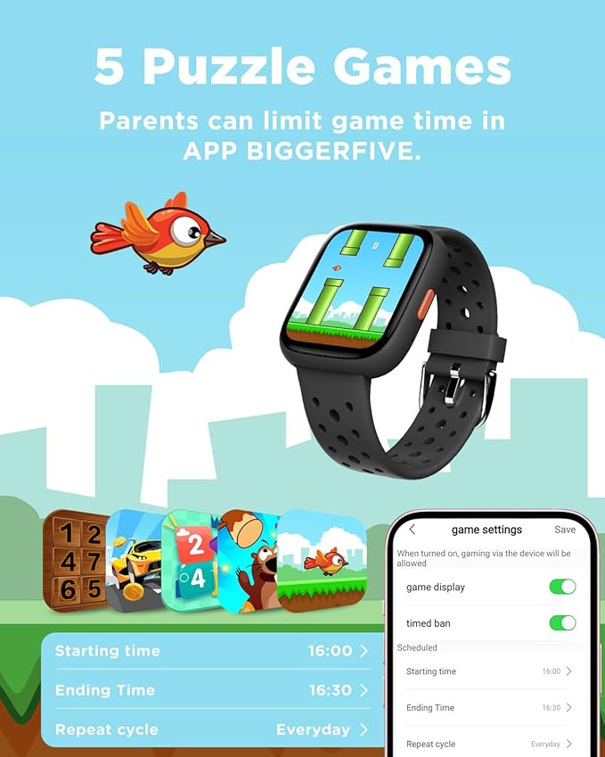 BIGGERFIVE Smart Watch for Kids, 1.8" Fitness Tracker Watch Pedometer, Heart Rate, Sleep Monitor, IP68 Waterproof, Calorie Step Counter, Puzzle Games with/Without APP for Girls Boys Teens 5-16, Black