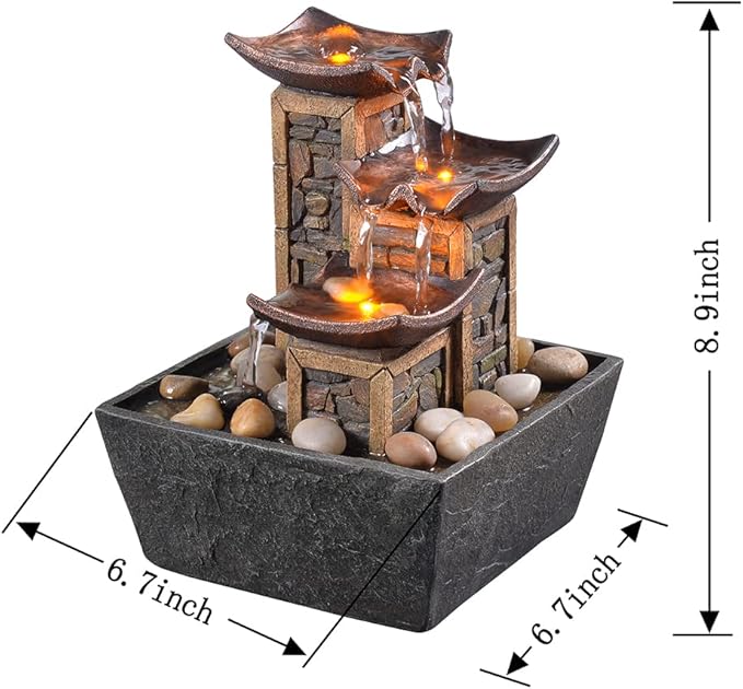 GOSSI Indoor 3-Tier Relaxation Tabletop Fountain Simulation Stone Pillar Water Fountain Soothing Sound Meditation Fountain with Natural River Rocks and Reflective Lighting Feature