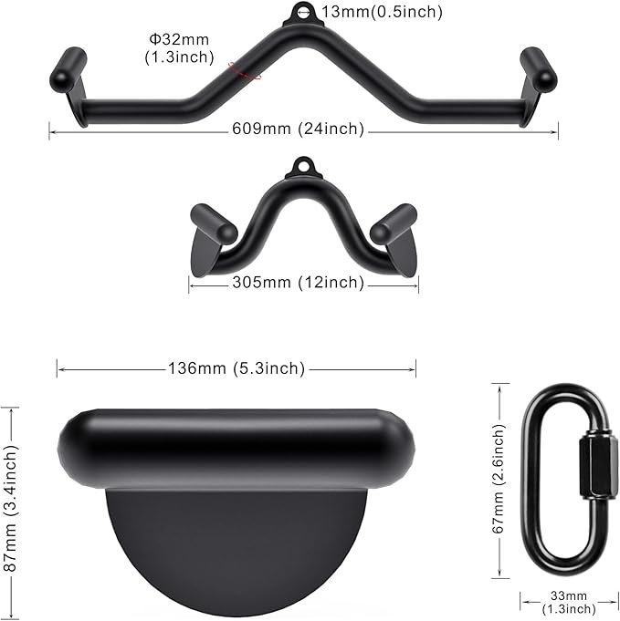 Kipika LAT Pull Down Bars Cable Machine Attachment, Rowing T-bar V-bar Set, Back Strength Training Handle Grips for Cable Machine Rowing Machine, 12" 20" 24" 28" 32" Five Sizes
