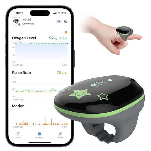 Children Pulse Oximeter KidsO2 Ring, Continuous Kids O2 Sat Monitor Finger for Oxygen with Audible Reminder, Rechargeable Pulse Ox Tracking Child's Blood Oxygen Saturation & Pulse Rate for 3~10 Years Old Kids, with App & PC Chart Report