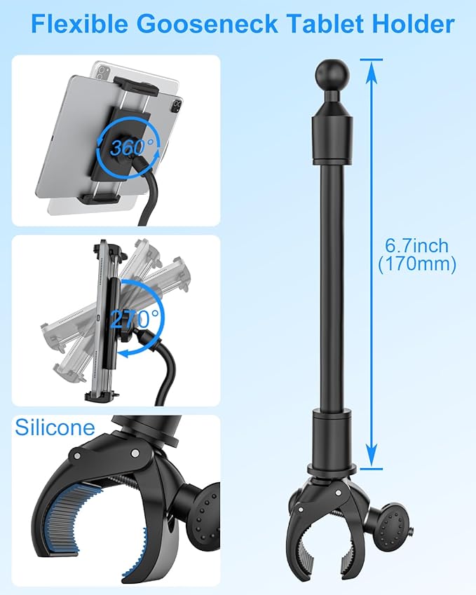 Gooseneck Tablet Holder for Spin Bike, Stationary Bicycle, Wheelchair, Treadmill, Indoor Bike, Peloton, Elliptical, Tablet Mount Clamp for iPad Pro, Air, Mini, Galaxy Tabs, 4.7-12.9" Tablets