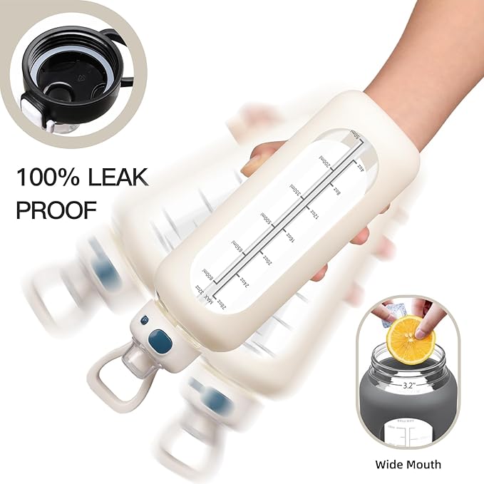 SIEROZUR 32 Glass Water Bottle with Straw and Handle Motivational Water Bottles with Silicone Sleeve and Time Marker Leakproof Borosilicate Water Bottle for Gym Home Office