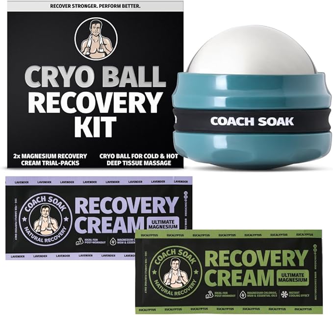 Coach Soak Massage Roller Ball – Dual Hot & Cold Stainless Steel CryoBall with Silicone Control Grip, Handheld Recovery Roller Glides Easily for Deep Tissue Massage – 2X Magnesium Cream Included