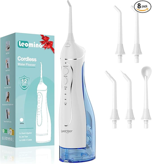 Leominor Water Dental Flosser Pick for Teeth, 300ML Portable Oral Irrigator Upgraded Tank Removable,IPX7 Waterproof, Rechargeable Travel Teeth Cleaner, Professional Electric Flossing (Blue White)