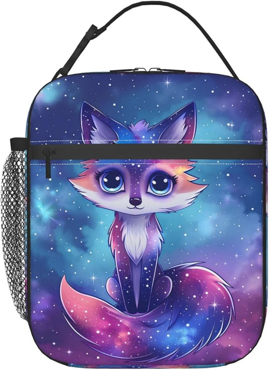 Cosmic Fox Polyester Lunch Box for Kids Teen,Galactic Reusable Thermal Lunch Bag for Adult Women,Animal Insulated Tote Cooler Bags for School,Work,Picnic,Travel,Starry Night Theme